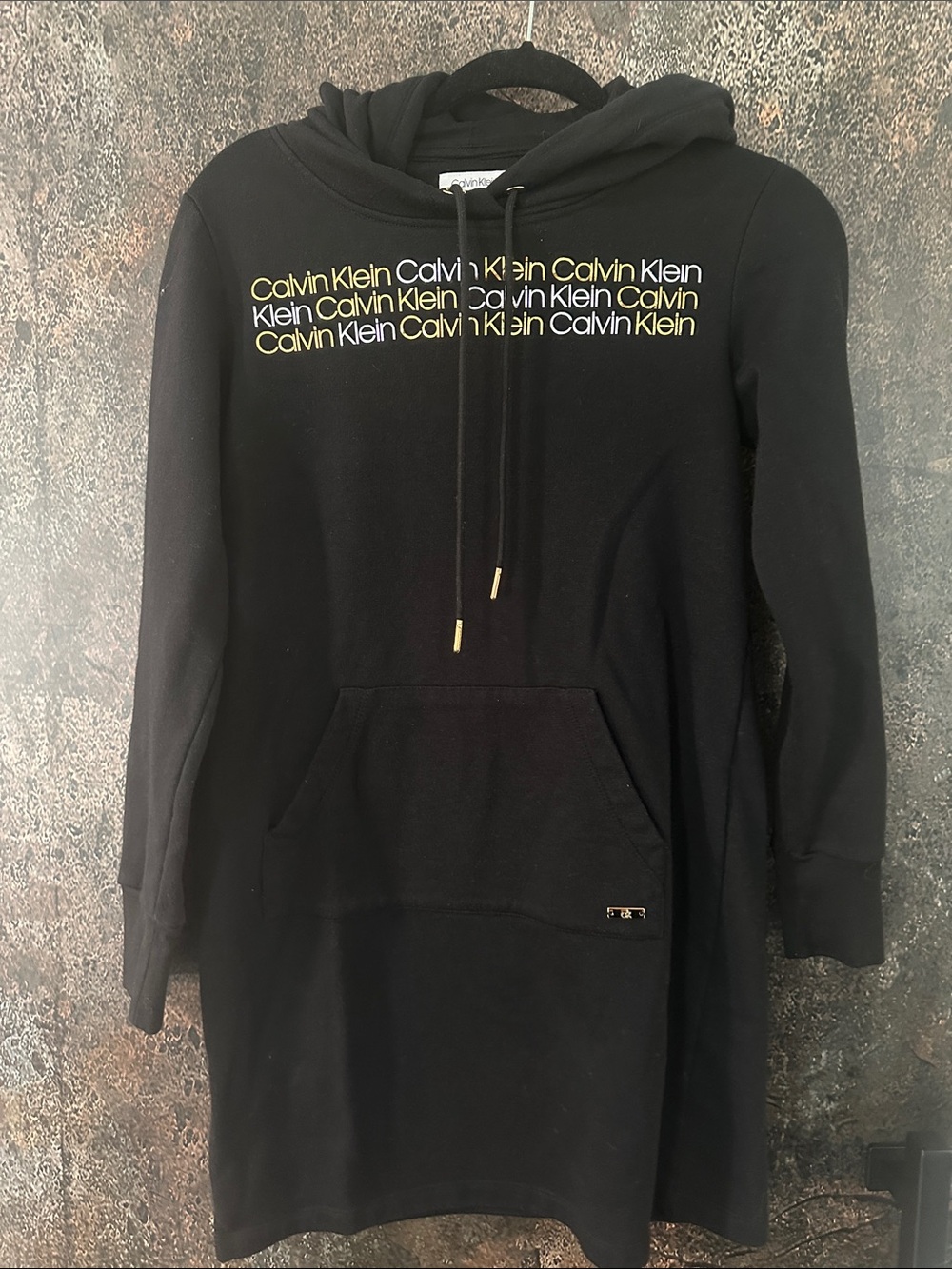 Calvin Klein Black Hoodie Dress with Repeated Gold Logo size S
